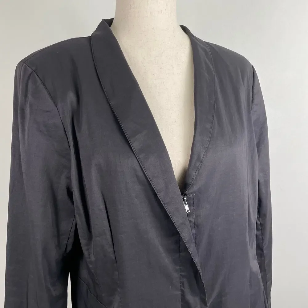 Eileen Fisher Polished Ramie Silk Stretch Jacket Blazer Zip Front Fitted Black L